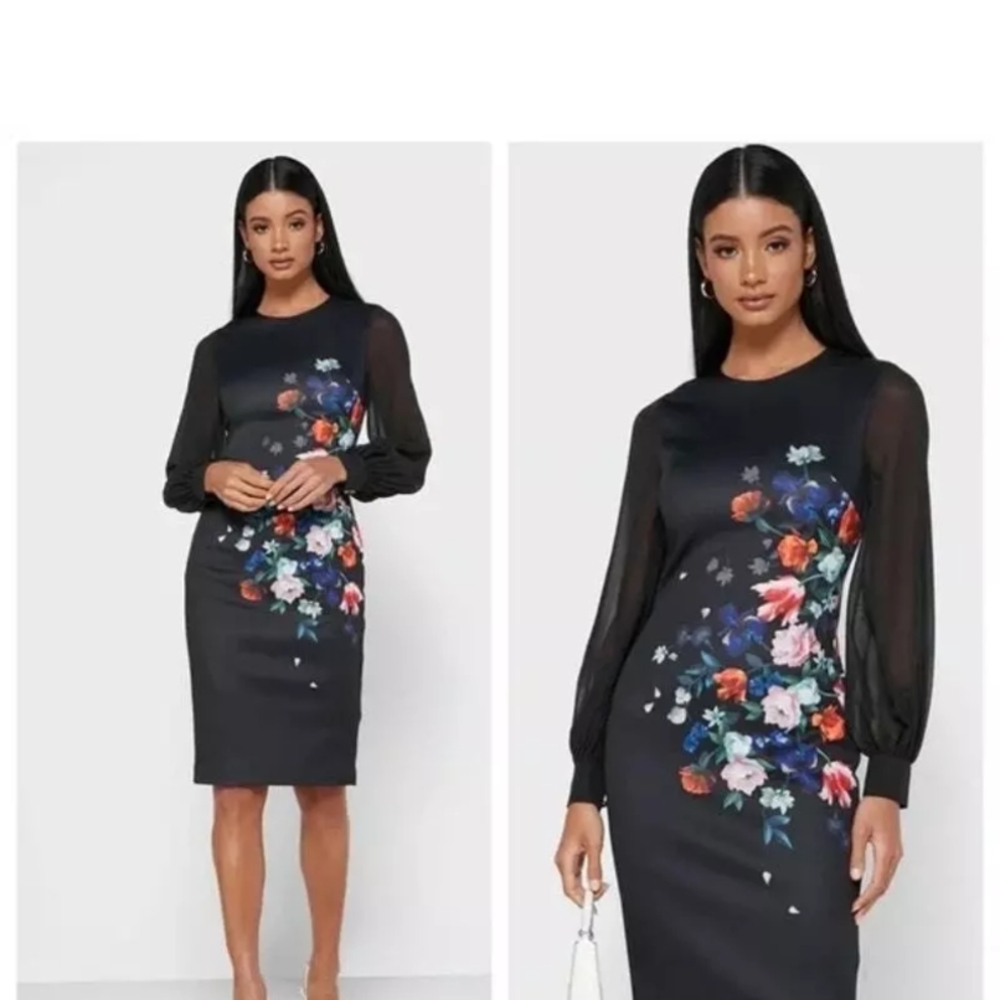 Ted Baker Asymmetrical Gray Sheath Dress with Bishop Sleeves Size US 6